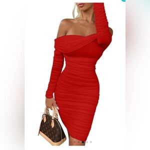 OYS Red Asymmetrical Ruched Bodycon Dress‎     Size Small